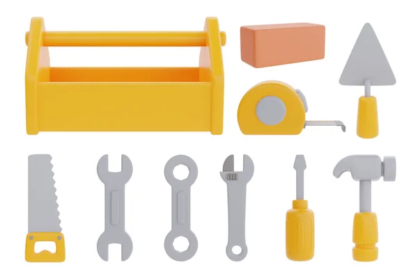 Set Toolbox Saw Wrench Screwdriver Hammer Tape Measure Trowel Construction — Zdjęcie stockowe