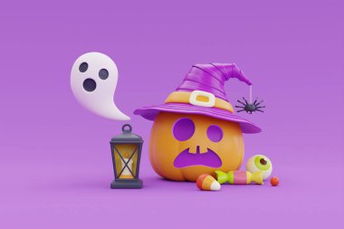 Happy Halloween with Jack-o-Lantern pumpkins character wearing witch hat, candy, lantern and ghost on purple background, 3d rendering.