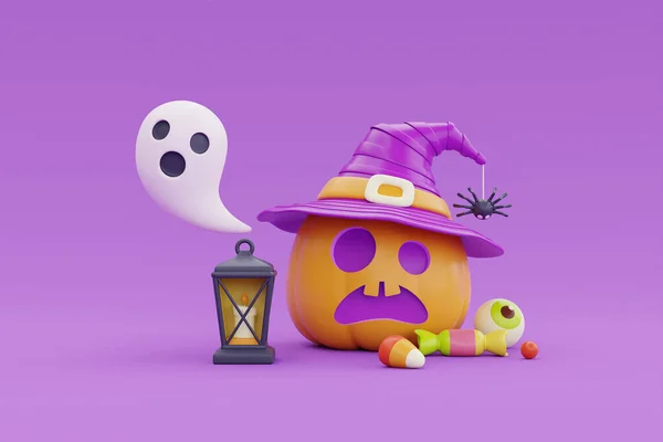 Happy Halloween Jack Lantern Pumpkins Character Wearing Witch Hat Candy — 图库照片