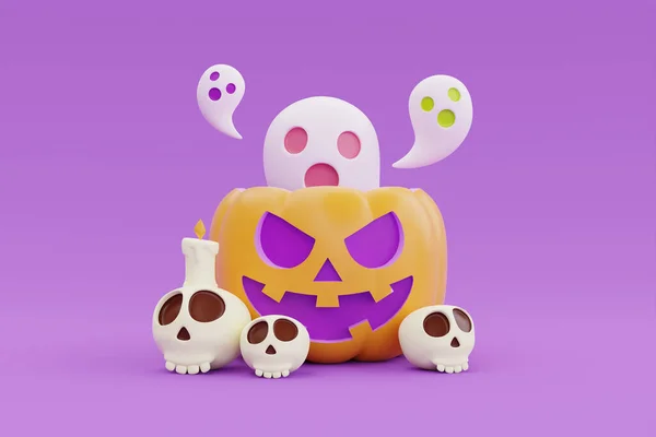Happy Halloween Jack Lantern Pumpkins Bones Ghost Purple Background Traditional — Stockfoto