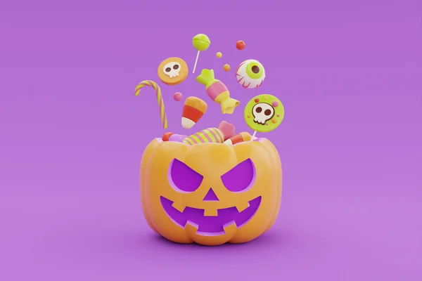 Halloween Kürbiskorb Voller Bunter Bonbons Und Süßigkeiten Auf Violettem Hintergrund — Stockfoto
