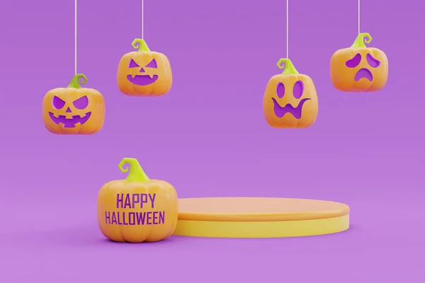 Happy Halloween Podium Display Jack Lantern Pumpkins Purple Background Traditional — 图库照片