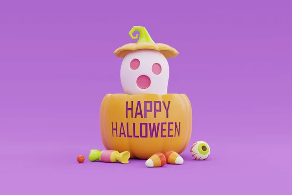 Happy Halloween Jack Lantern Pumpkins Colorful Candy Ghost Purple Background — Zdjęcie stockowe