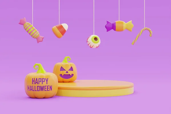 Happy Halloween Podium Display Jack Lantern Pumpkins Colorful Candies Purple — Fotografia de Stock