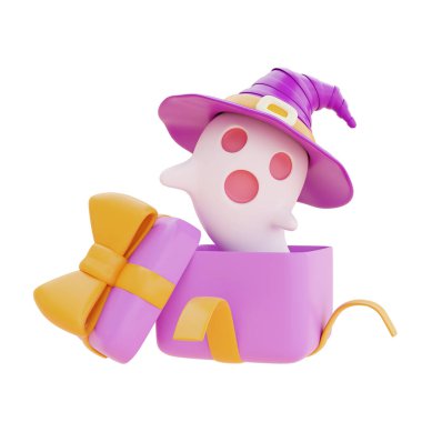 Beyaz arka planda izole edilmiş Cadılar Bayramı şirin hayaletli hediye kutuları, geleneksel Ekim bayramı, 3D görüntüleme.