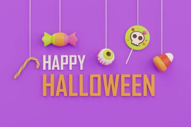 Jack-o-Lantern balkabağı karakteriyle Cadılar Bayramın kutlu olsun ve ayın altında mor arka planda renkli şekerler, 3D