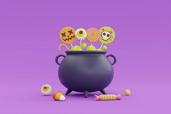 Happy Halloween Witch Cauldron Full Colorful Candies Sweets Purple Background — Stock fotografie