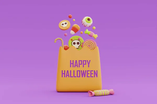 Happy Halloween with yellow bag full of colorful candies and sweets on purple background, traditional october holiday, 3d rendering