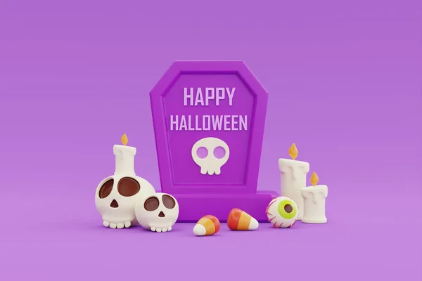 Joyeux Halloween Avec Tombe Crâne Bougie Bonbons Sur Fond Violet — Photo