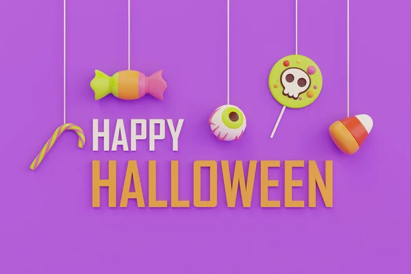 Happy Halloween Jack Lantern Pumpkins Character Colorful Candies Moon Purple — Zdjęcie stockowe