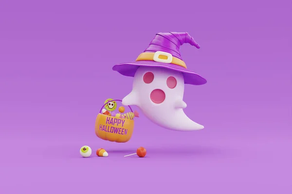 Feliz Halloween Con Lindo Fantasma Con Sombrero Bruja Cesta Calabaza — Foto de Stock