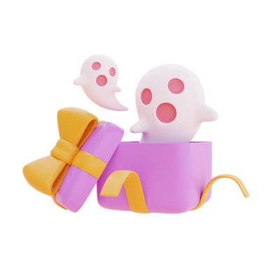 Beyaz arka planda izole edilmiş Cadılar Bayramı şirin hayaletli hediye kutuları, geleneksel Ekim bayramı, 3D görüntüleme.