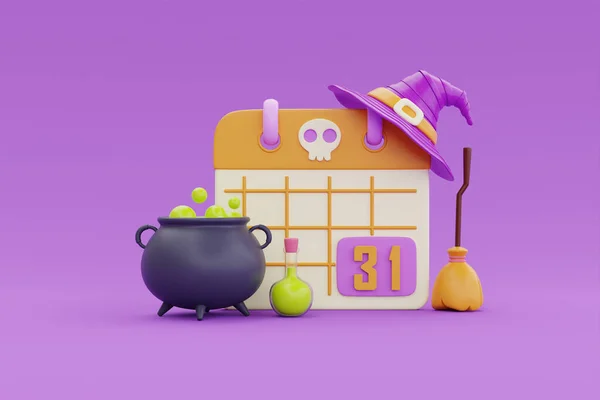 Happy Halloween Calendar Witch Cauldron Hat Broom Purple Background Traditional — Fotografia de Stock