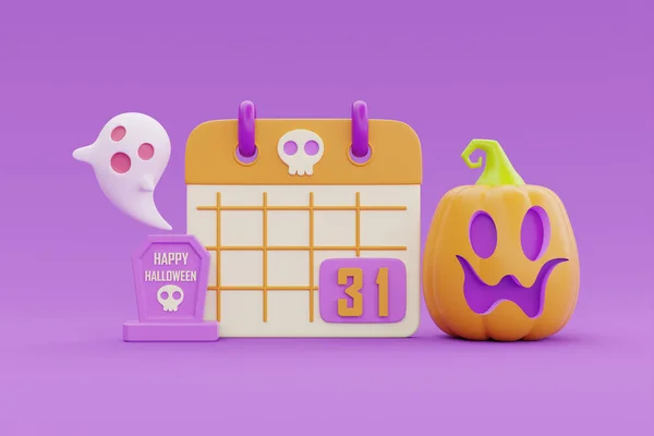 Happy Halloween Mit Kalender Jack Laterne Kürbissen Grab Und Niedlichem — Stockfoto