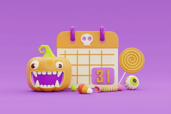 Happy Halloween Calendar Jack Lantern Pumpkins Colorful Candies Purple Background — Fotografia de Stock