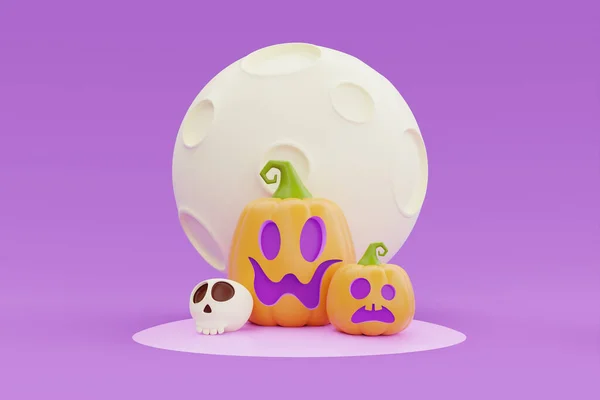 Happy Halloween Jack Lantern Pumpkins Character Bones Moon Purple Background — Fotografia de Stock