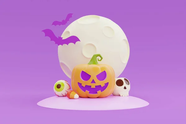 Happy Halloween Mit Jack Lantern Kürbisfigur Bonbons Knochen Und Fledermaus — Stockfoto