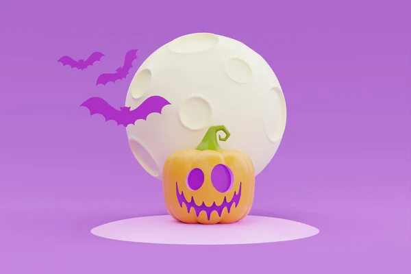 Happy Halloween Jack Lantern Pumpkin Character Bat Moon Purple Background — Stockfoto