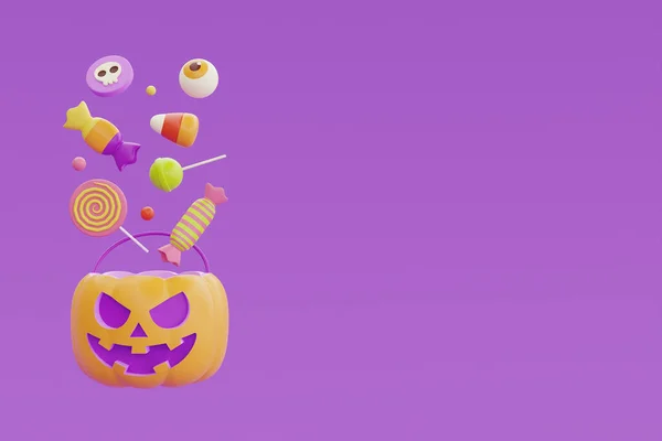 Happy Halloween Pumpkin Basket Full Colorful Candies Sweets Floating Purple — Stock Fotó