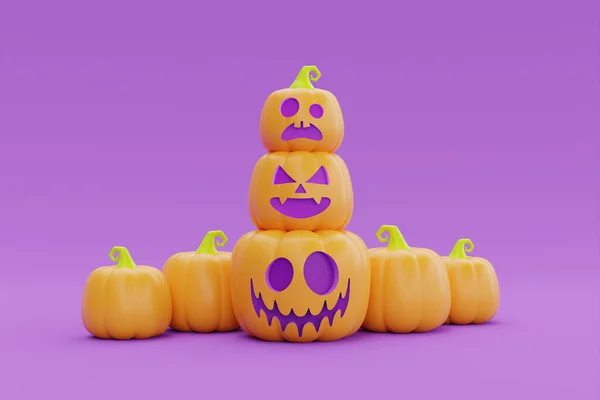 Happy Halloween Jack Lantern Pumpkins Character Purple Background Traditional October — Fotografia de Stock