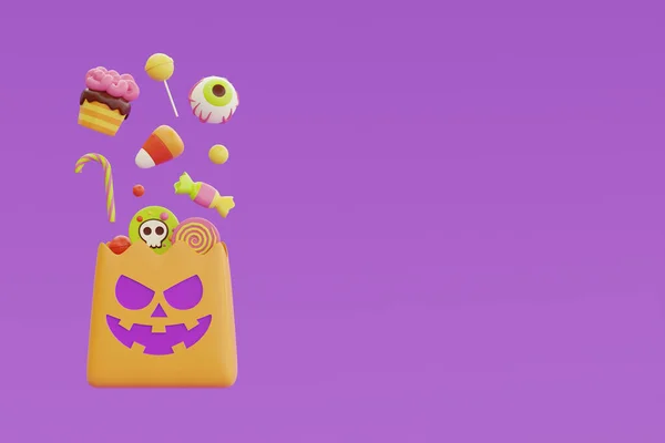 Happy Halloween with yellow bag full of colorful candies and sweets floating on purple background, traditional october holiday, 3d rendering.