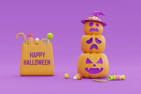 Happy Halloween Jack Lantern Pumpkins Character Colorful Candies Moon Purple — 图库照片