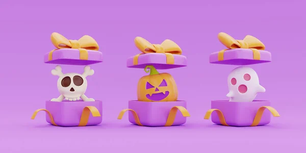 Opened Gift Boxes Halloween Jack Lantern Pumpkins Ghost Skull Bones — 图库照片