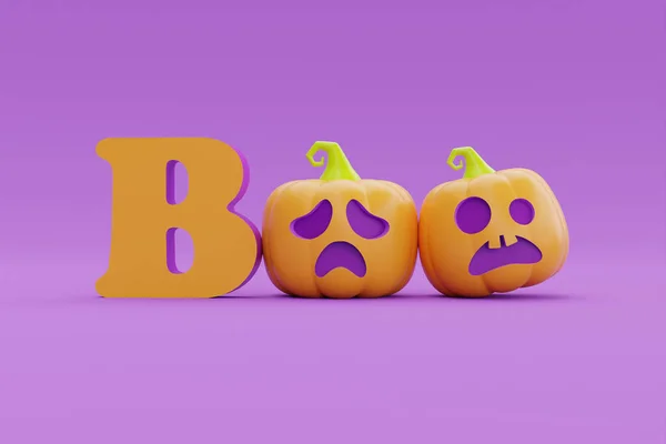 Happy Halloween Jack Lantern Pumpkins Character Purple Background Traditional October — Stok Foto