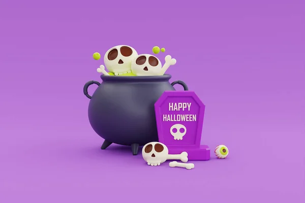 Happy Halloween Witch Cauldron Grave Bones Skull Purple Background Traditional — Zdjęcie stockowe