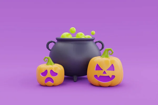 Happy Halloween Jack Lantern Pumpkins Witch Cauldron Purple Background Traditional — Foto Stock