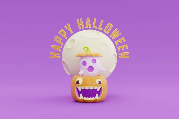 Happy Halloween Jack Lantern Pumpkins Character Moon Purple Background Rendering — Fotografia de Stock