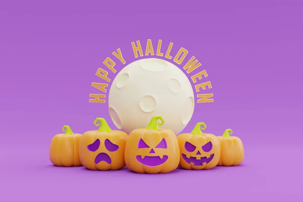 Happy Halloween Jack Lantern Pumpkins Character Moon Purple Background Rendering — 图库照片
