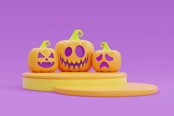 Joyeux Halloween Avec Podium Citrouilles Jack Lantern Sur Fond Violet — Photo