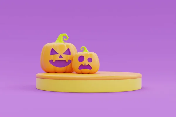 Happy Halloween Podium Display Jack Lantern Pumpkins Purple Background Traditional — 图库照片