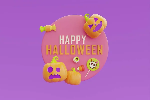 Happy Halloween Jack Lantern Pumpkins Character Purple Background Traditional October — Fotografia de Stock