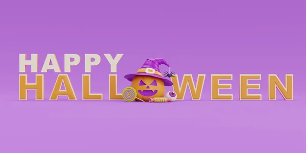 Happy Halloween Jack Lantern Pumpkins Character Purple Background Traditional October — Fotografia de Stock