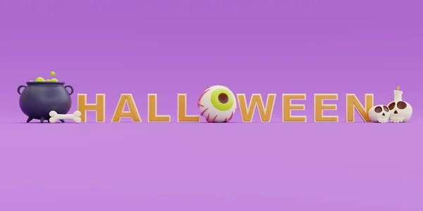 Happy Halloween Witch Cauldron Eyeball Bones Purple Background Traditional October —  Fotos de Stock