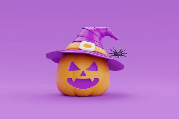 Happy Halloween Jack Lantern Pumpkin Character Wearing Witch Hat Purple — Stok fotoğraf