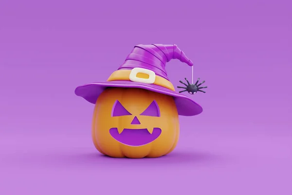 Happy Halloween with Jack-o-Lantern pumpkin character wearing witch hat on purple background, traditional october holiday, 3d rendering. 