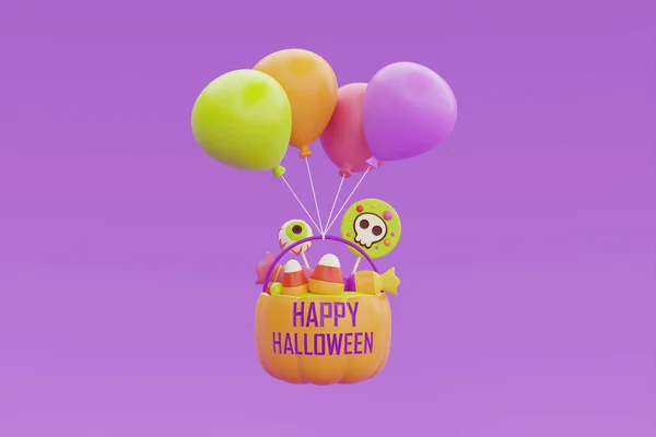 Happy Halloween Jack Lantern Pumpkin Basket Full Colorful Candies Balloon — 图库照片