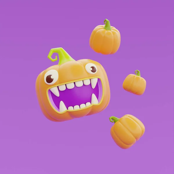 Happy Halloween Jack Lantern Pumpkins Character Floating Purple Background Traditional —  Fotos de Stock