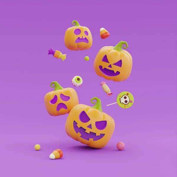 Happy Halloween Jack Lantern Pumpkins Character Colorful Candies Sweets Floating — Foto Stock