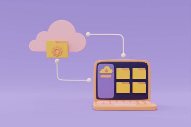 Online data storage for business network concept, uploading document file data and information on cloud computing technology with computer laptop, 3d rendering.