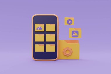 Document management system, Online data storage for business network concept, smartphone screen with File folders, 3d rendering.