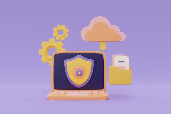 Cloud computing technology and Online data storage for business network concept, Computer, File folders with security protection system, 3d rendering.
