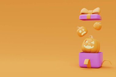 Opened gift boxes with Halloween Jack-o-Lantern pumpkins on yellow background, traditional october holiday, 3d rendering.