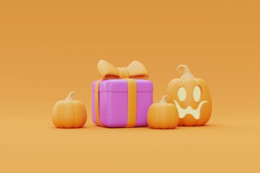 Gift box with Halloween Jack-o-Lantern pumpkins on yellow background, traditional october holiday, 3d rendering.
