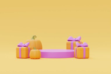 Happy Halloween with podium display and Jack-o-Lantern pumpkins and gift boxes on yellow background, traditional october holiday, 3d rendering.
