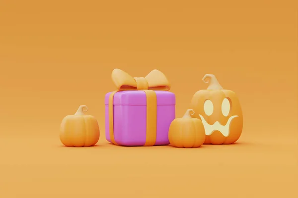 Gift Box Halloween Jack Lantern Pumpkins Yellow Background Traditional October — Zdjęcie stockowe