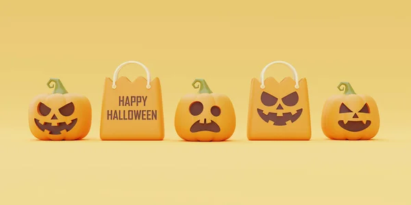 Happy Halloween Jack Lantern Pumpkins Shopping Bag Yellow Background Traditional — Fotografia de Stock